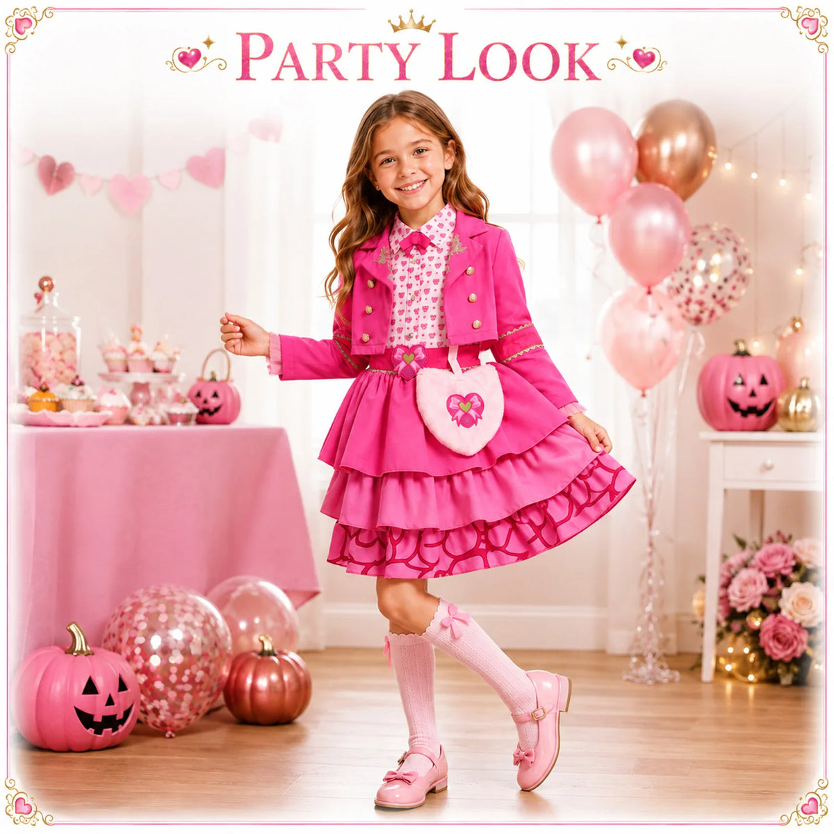Girl wearing the pink princess costume in a coordinated party setting.