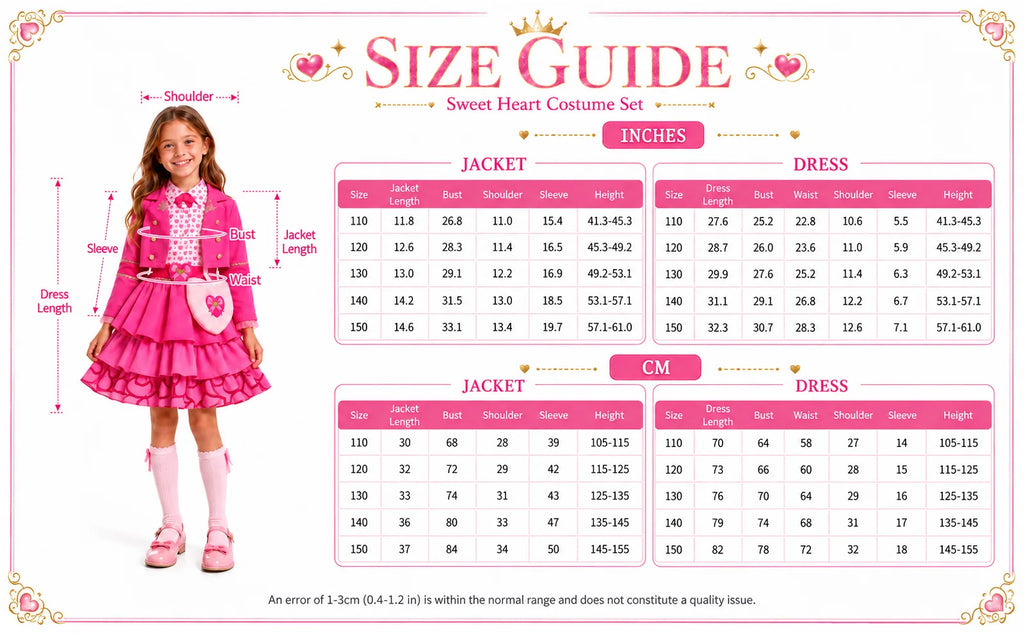 Measurement chart for the girls pink princess costume in sizes 110 through 150.