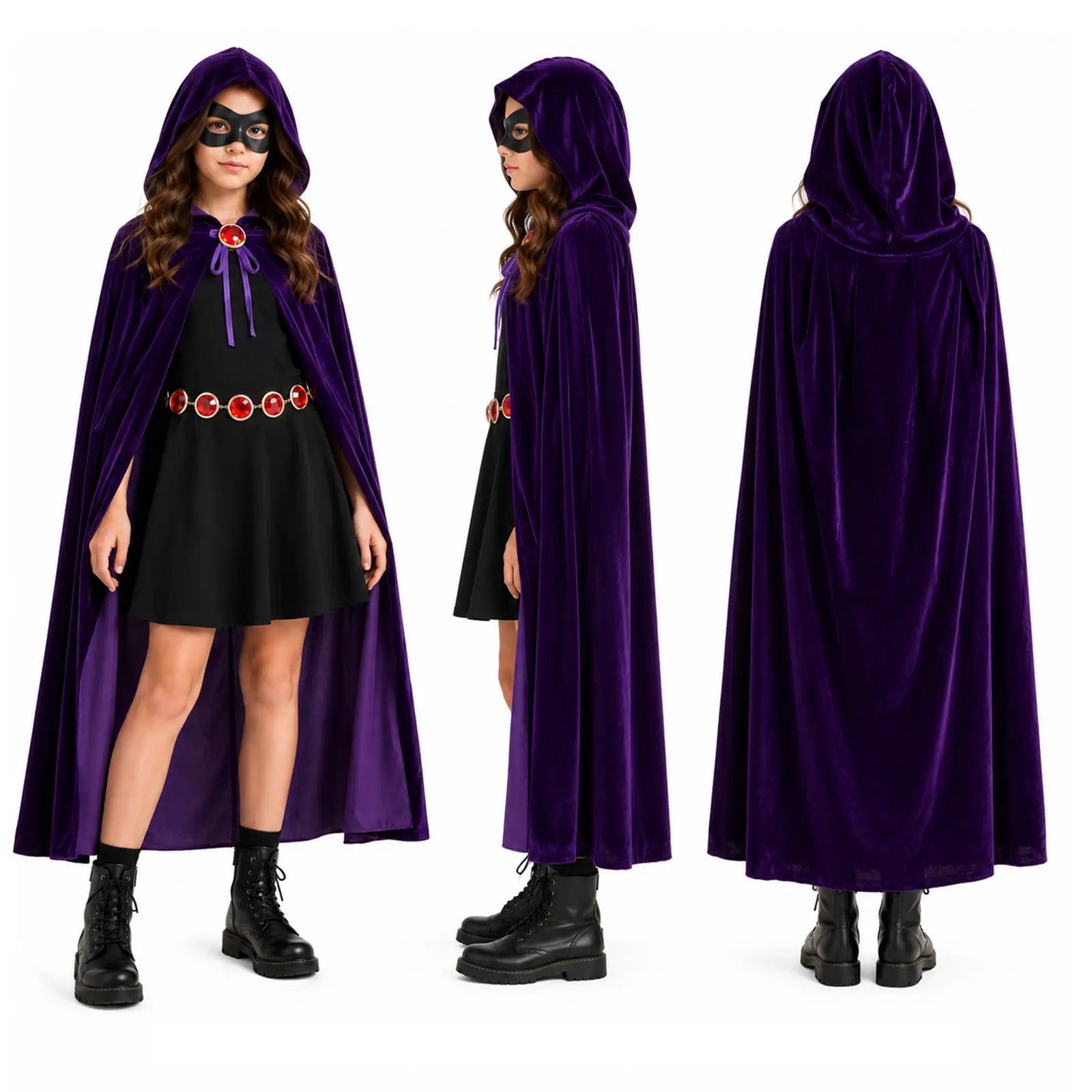 Girls purple cloak costume displayed from front side and back views