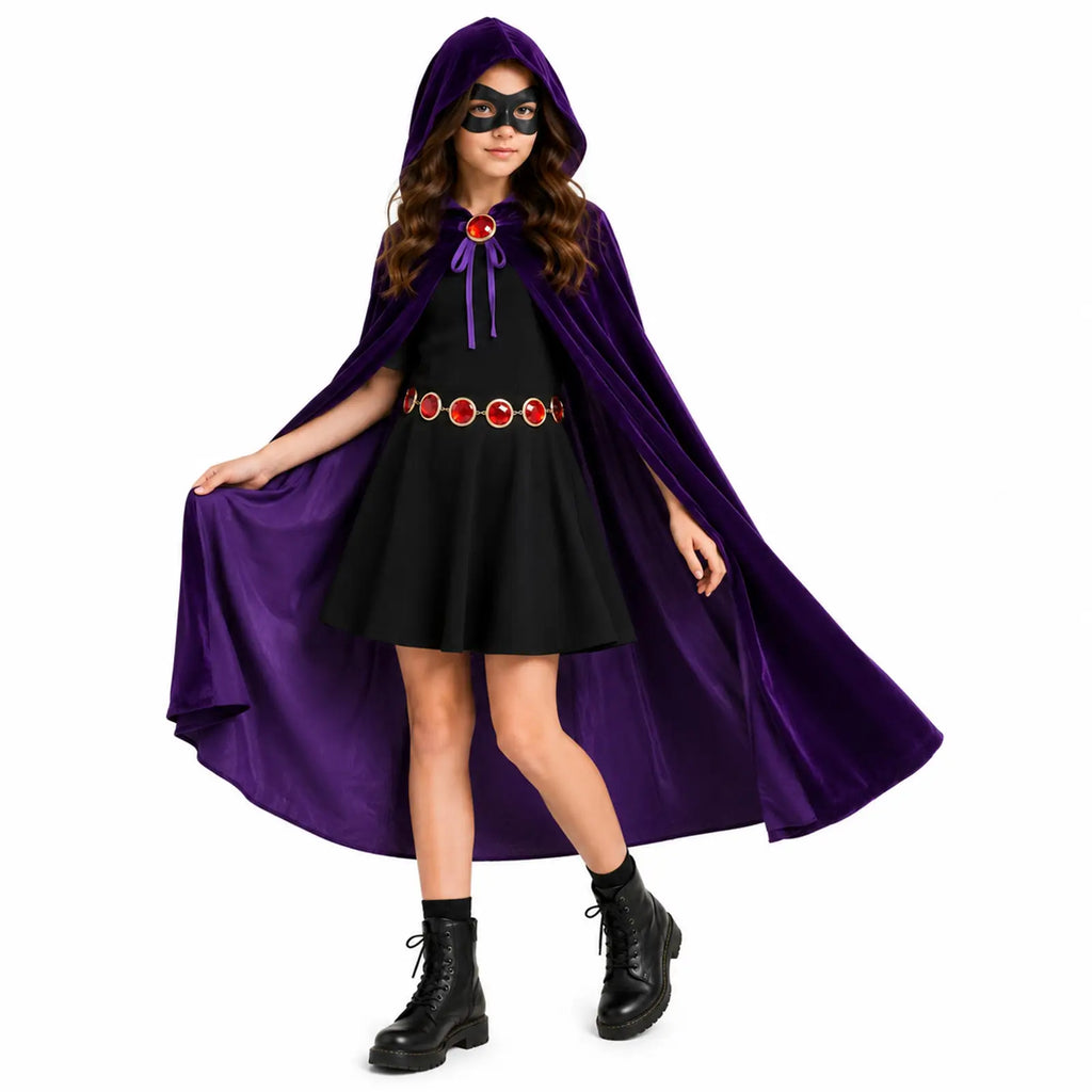 Girl wearing a purple hooded cape costume with black mask and red gem belt