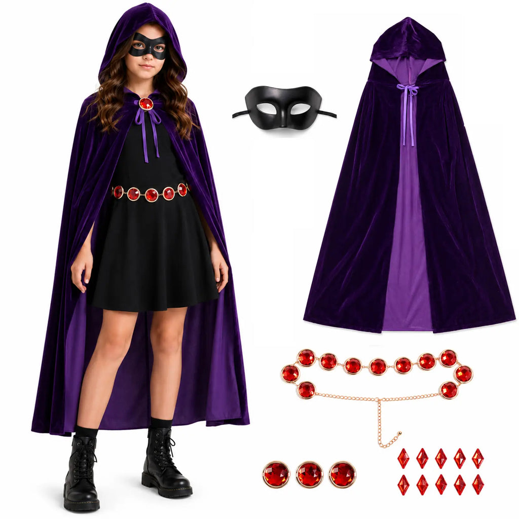Girls purple hooded cloak costume set with black eye mask red gem belt and accessories