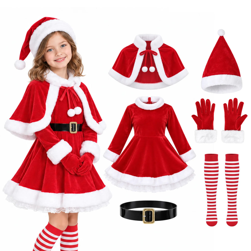 A closer view shows the red cape, dress and matching costume accessories.