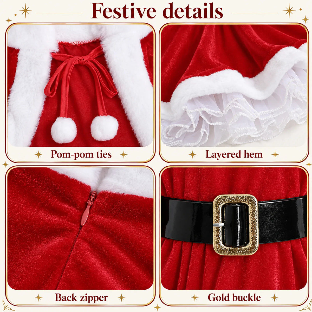 A detail graphic labels pom-pom ties, layered hem, back zipper and gold buckle.