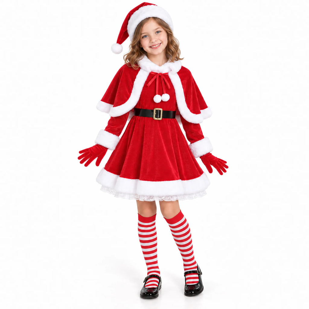 A child wears the Santa dress, cape, hat, gloves, belt and striped socks.