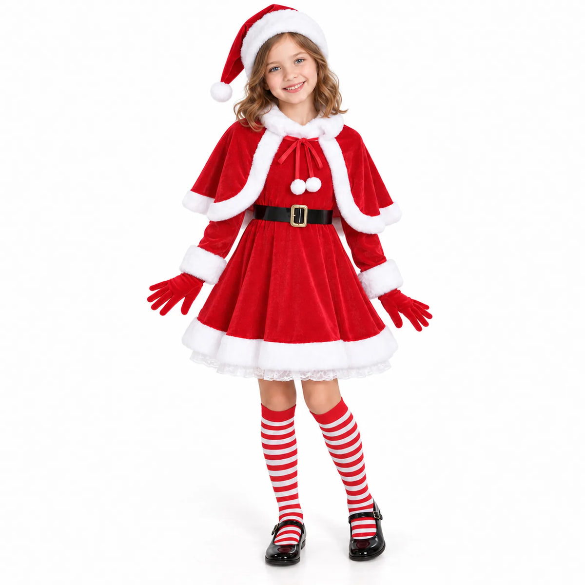 A child wears the Santa dress, cape, hat, gloves, belt and striped socks.