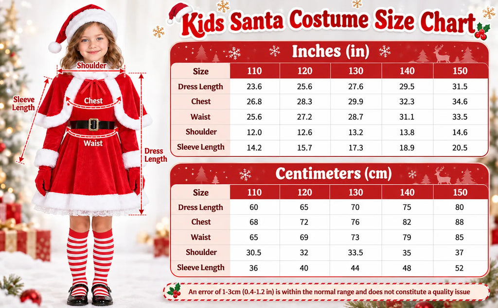 The size chart lists dress measurements for sizes 110 to 150 in centimeters and inches.