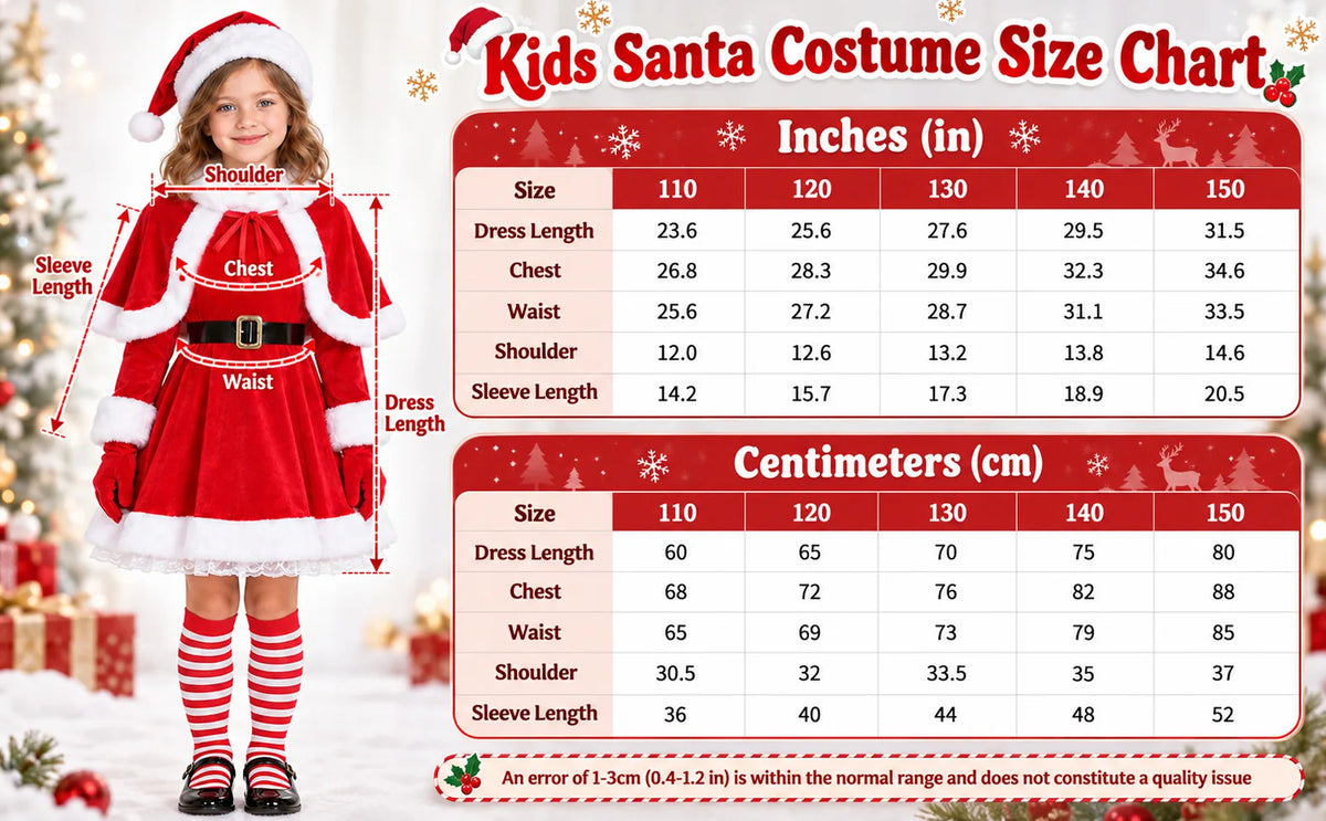 The size chart lists dress measurements for sizes 110 to 150 in centimeters and inches.