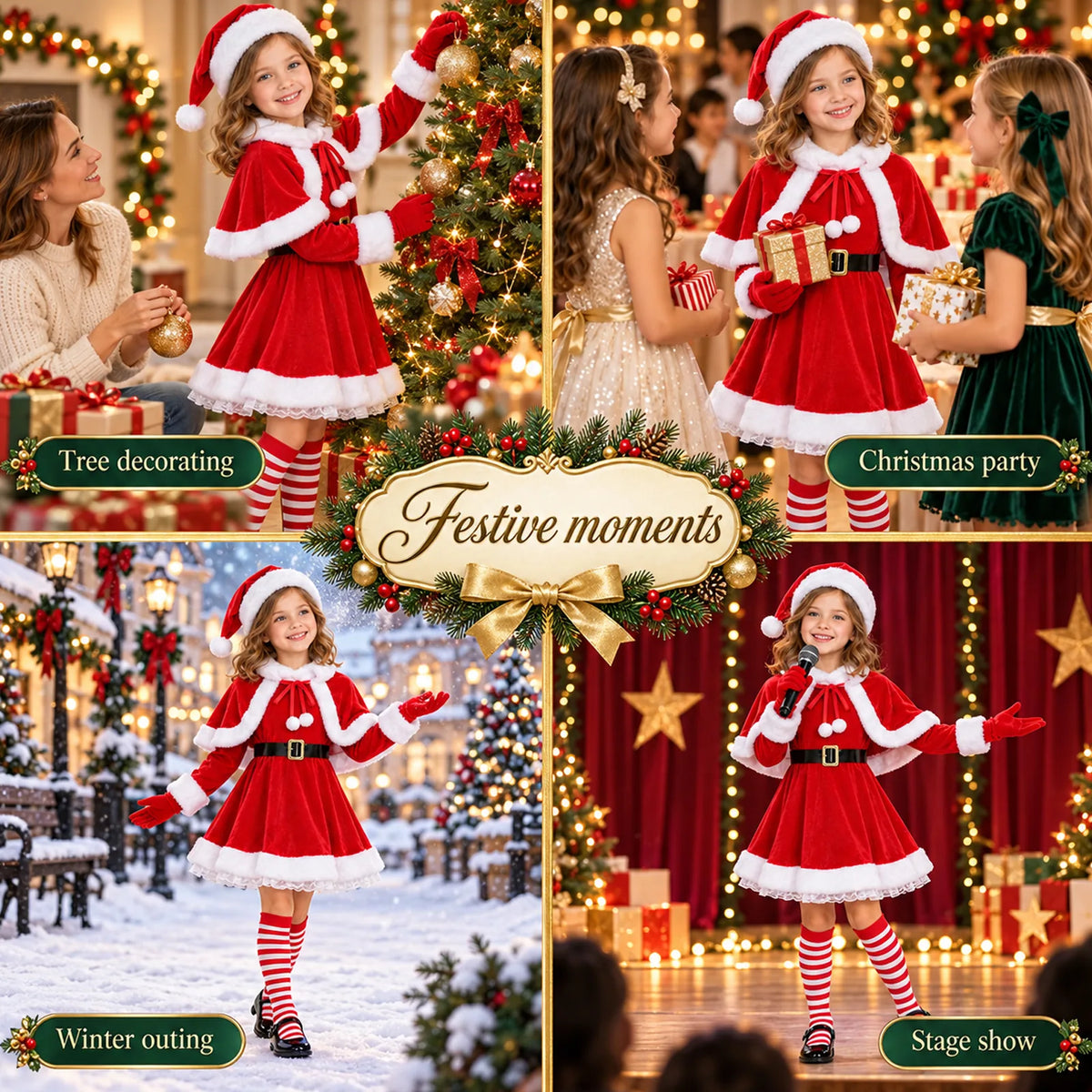 A collage shows the Santa dress costume at holiday activities and a stage show.