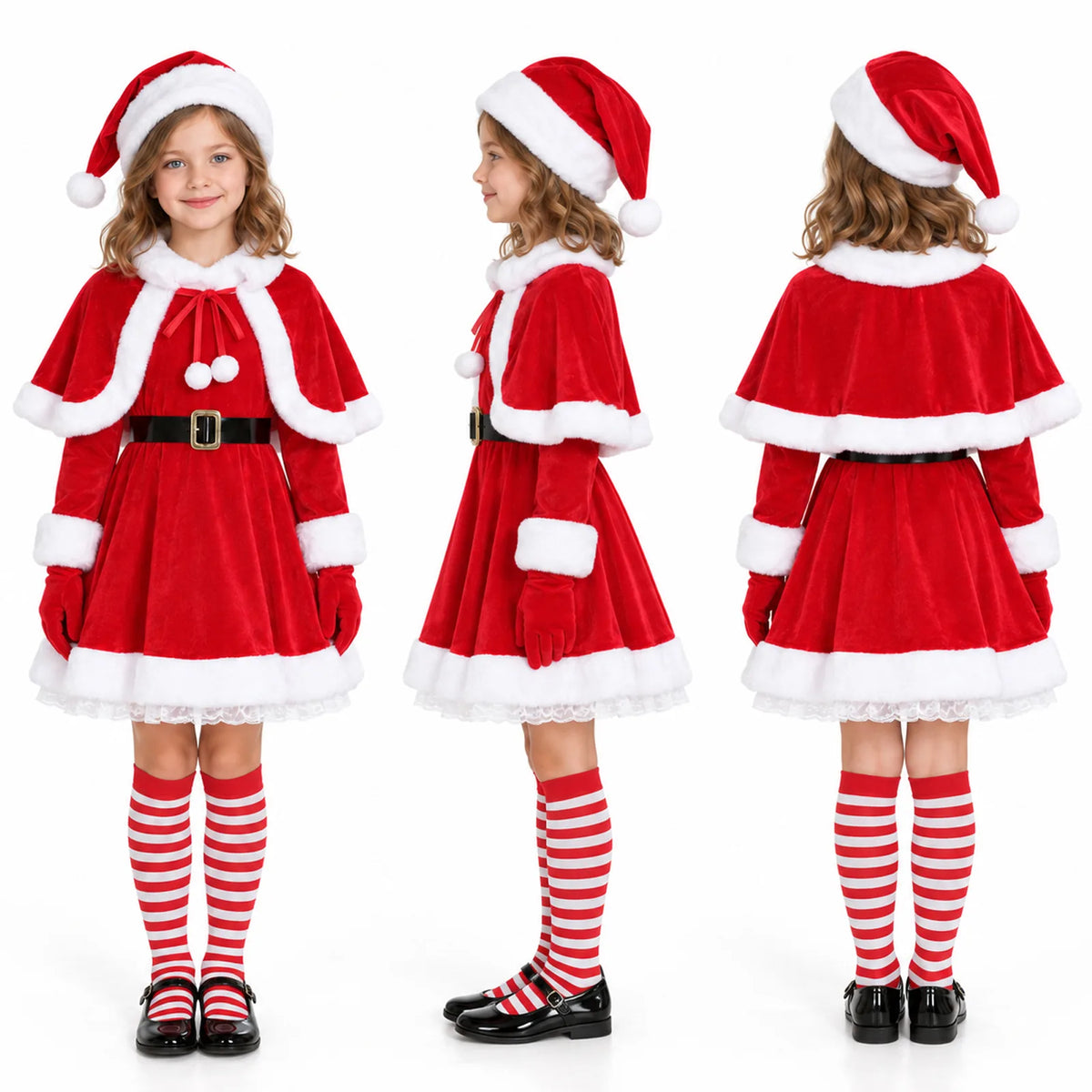 Front, side and back views show the girls Santa dress costume on a child.