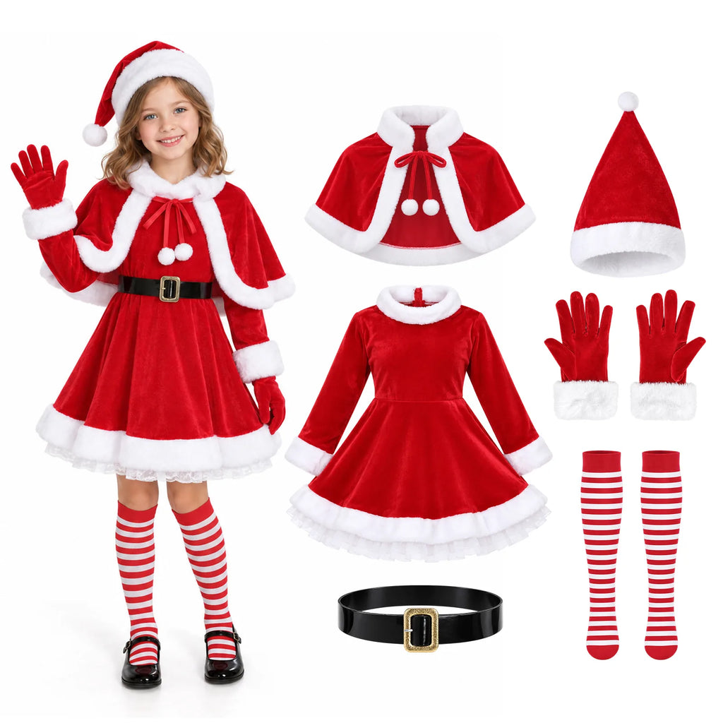 A child models the red Santa dress beside the six included costume pieces.