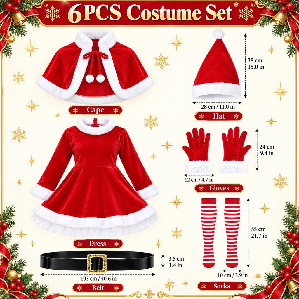 The six-piece costume graphic labels the cape, dress, hat, gloves, belt and socks.