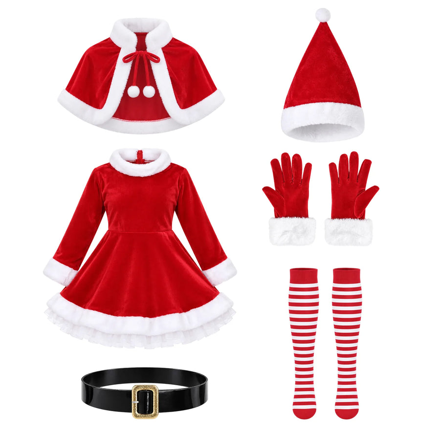 The red dress, cape, hat, gloves, striped socks and belt are displayed together.
