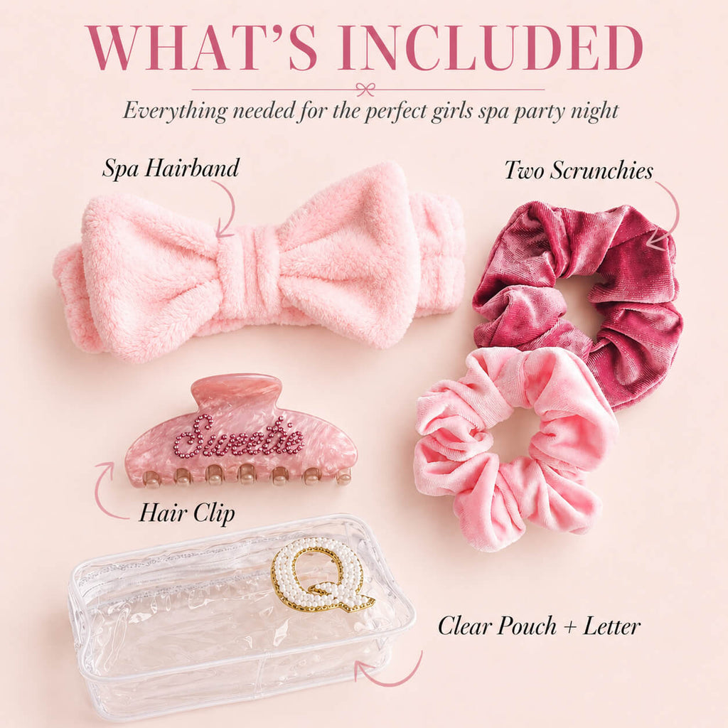 Girls spa party accessories flat lay featuring spa headband, velvet scrunchies, hair clip, and clear personalized makeup pouch for sleepover party