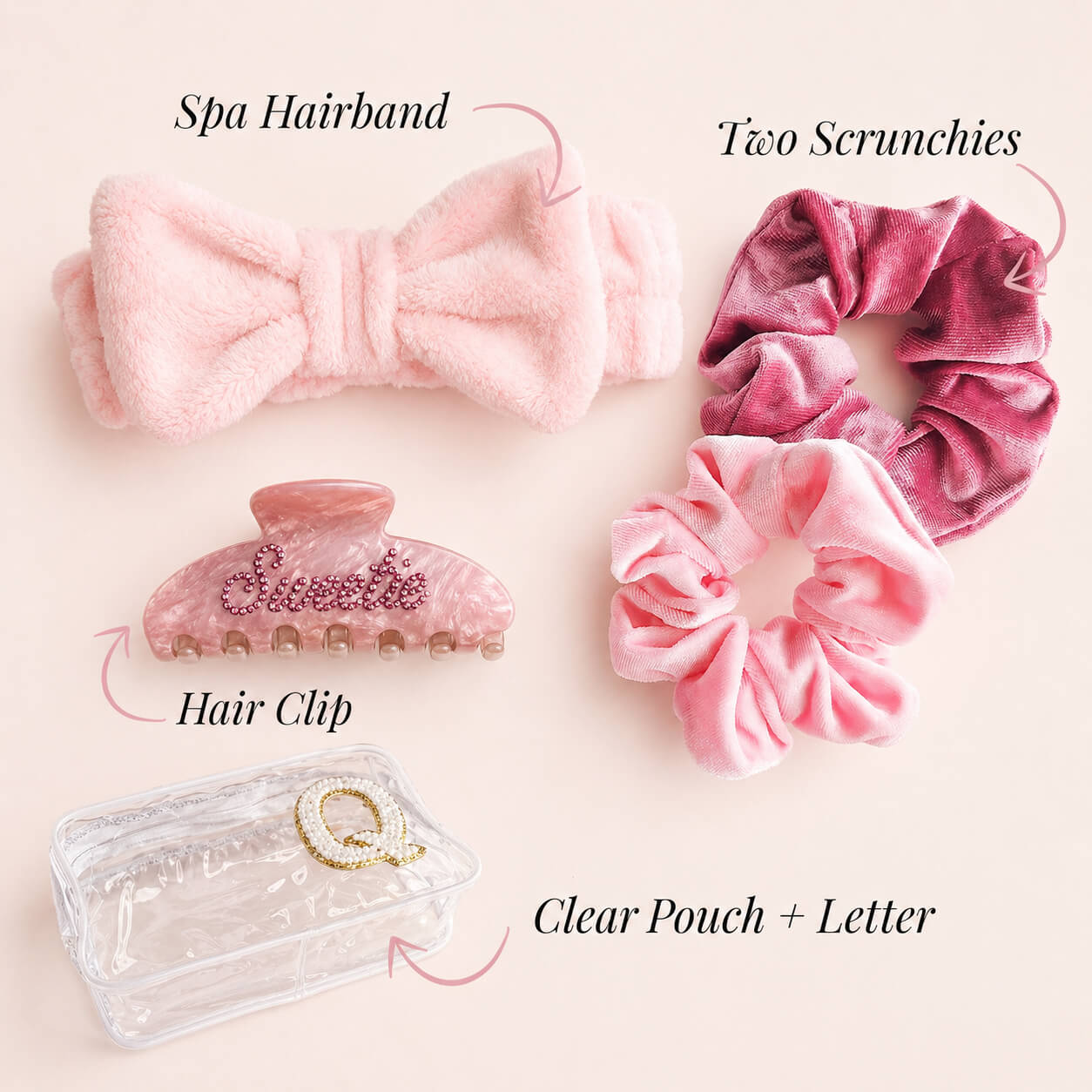 Girls spa party favor accessories kit with pink spa headband, velvet scrunchies, hair claw clip and clear cosmetic pouch for sleepover party gifts