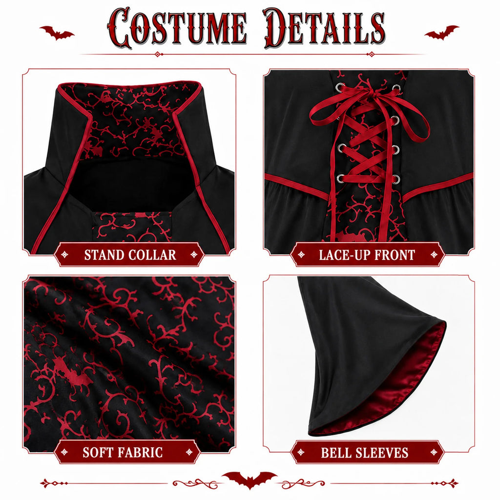 Black and red gothic vampire dress collar, lacing and sleeve details
