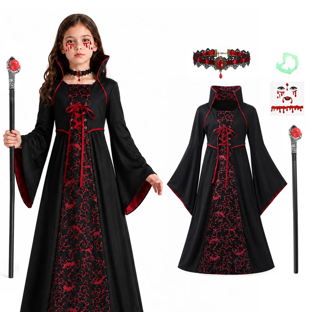 Girls vampire dress displayed with matching costume accessories arranged together for a complete Halloween outfit