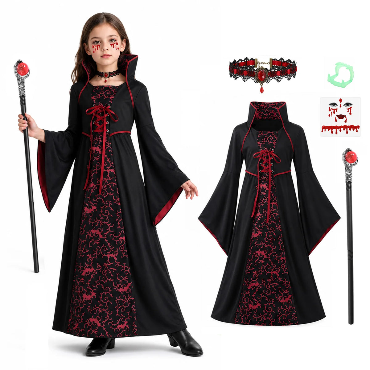 Five-piece girls vampire costume set with dress and four accessories