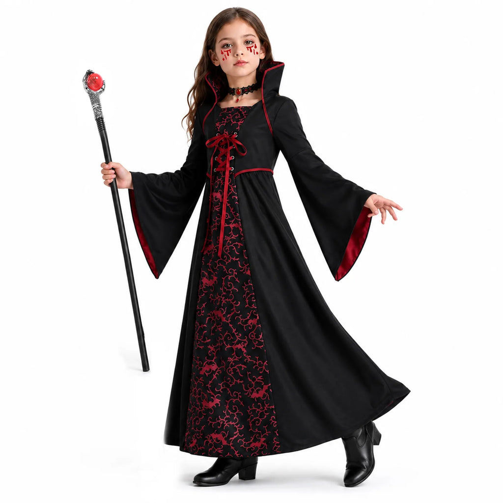 Girls vampire costume dress shown from front and back with full-length skirt and tall collar details