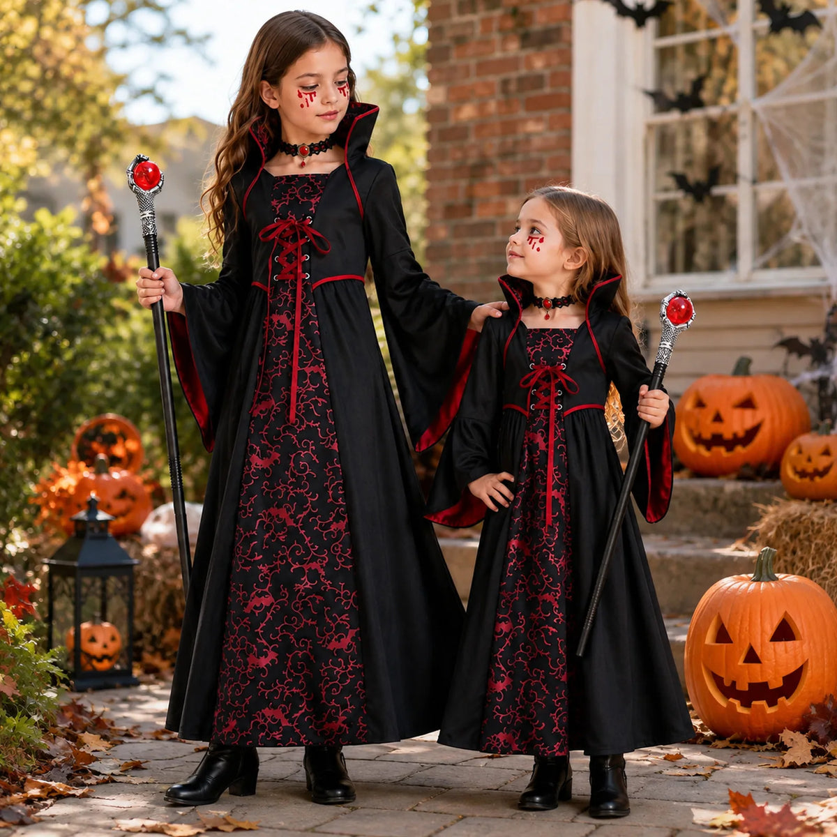 Girls gothic vampire costume in a dark castle-inspired scene with a black dress and red costume accents