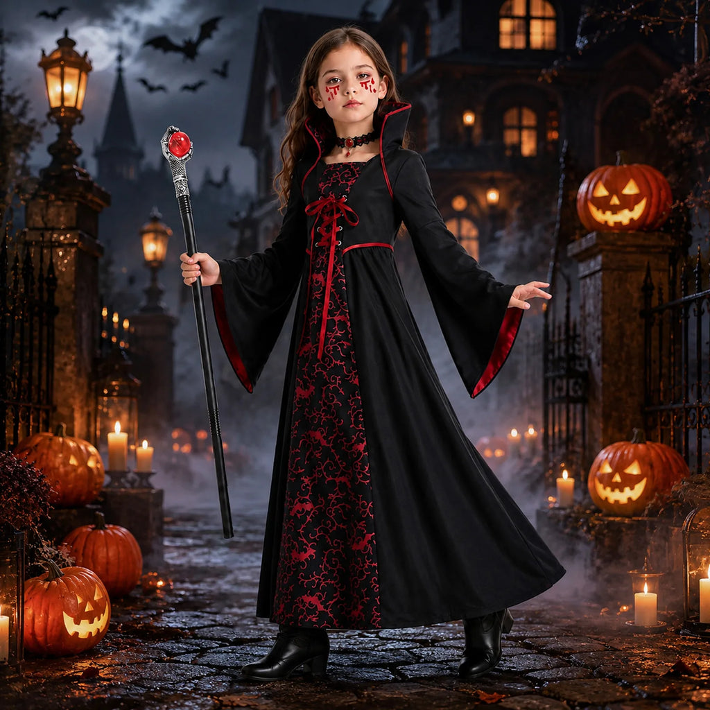 Girls vampire costume styled for a Halloween scene with staff and coordinated gothic accessories