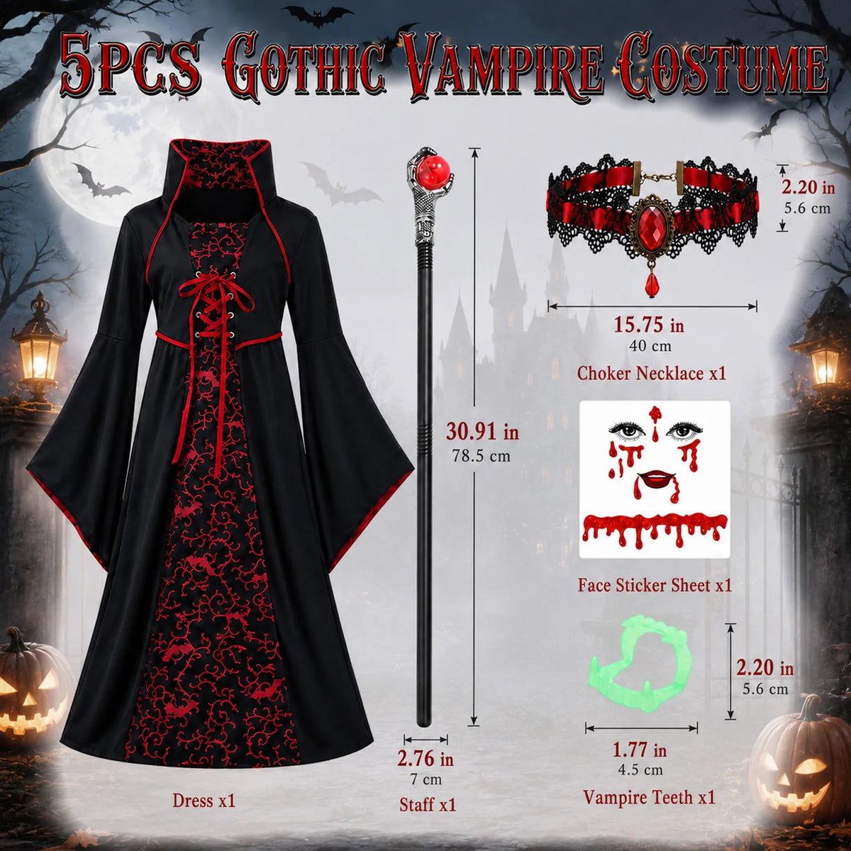 Girls vampire costume contents and accessory measurements including dress, staff, choker, teeth and stickers