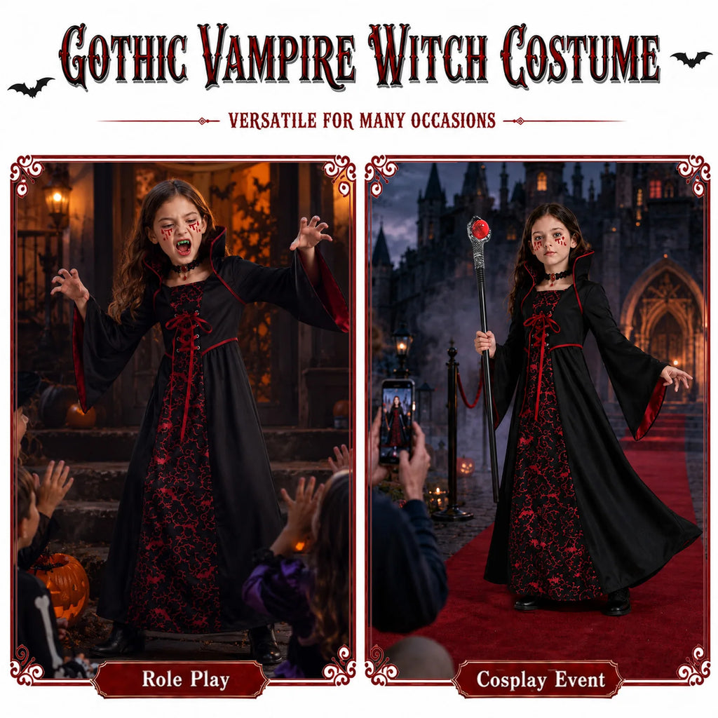 Girls vampire costume in a Halloween party setting with full-length dress, staff and dramatic collar