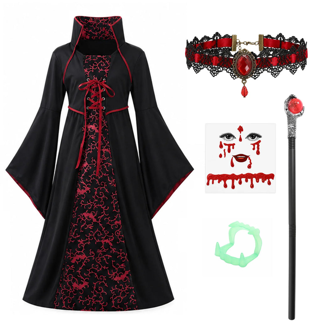 Girls vampire dress shown in multiple standing poses highlighting the flared sleeves and red front panel