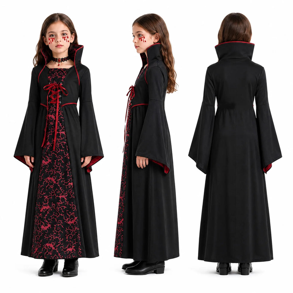 Girls vampire costume dress shown from side angles highlighting the long skirt and flared sleeve silhouette