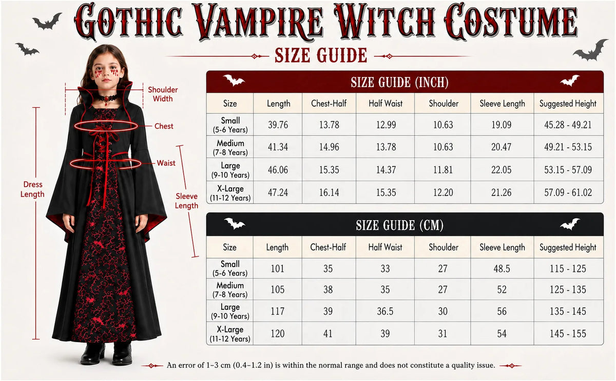 Girls vampire costume size chart for S through XL with dress measurements and suggested child heights