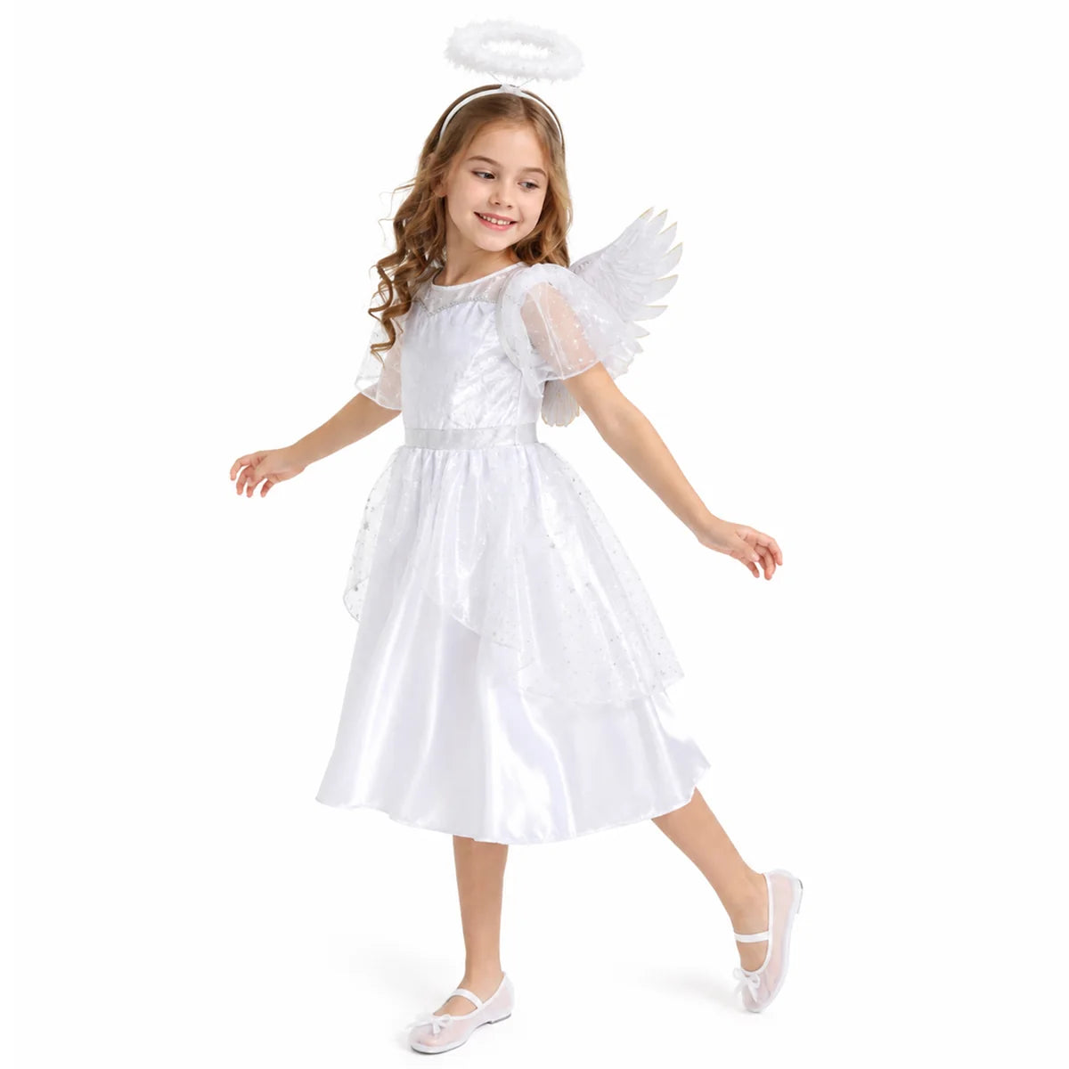 Girl wearing white angel dress costume with wings