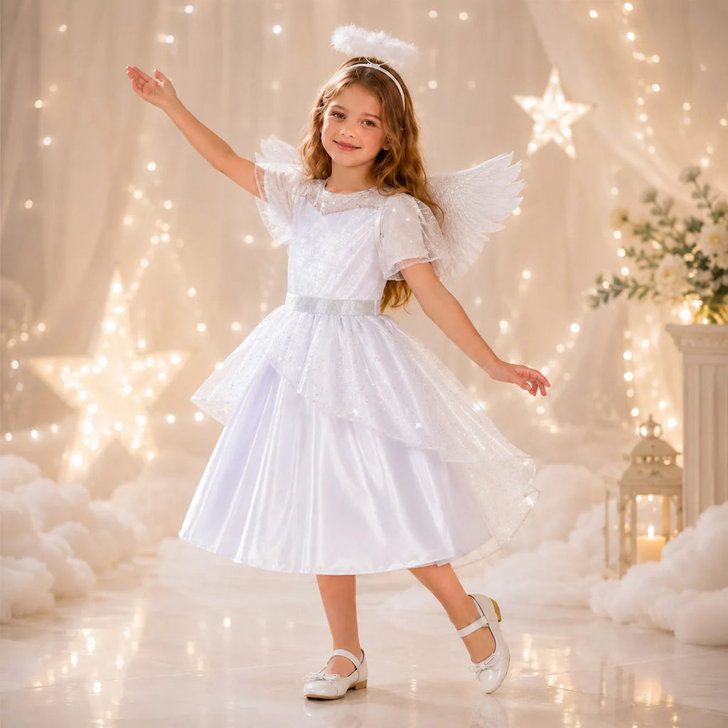 Girls white angel costume in celestial themed scene