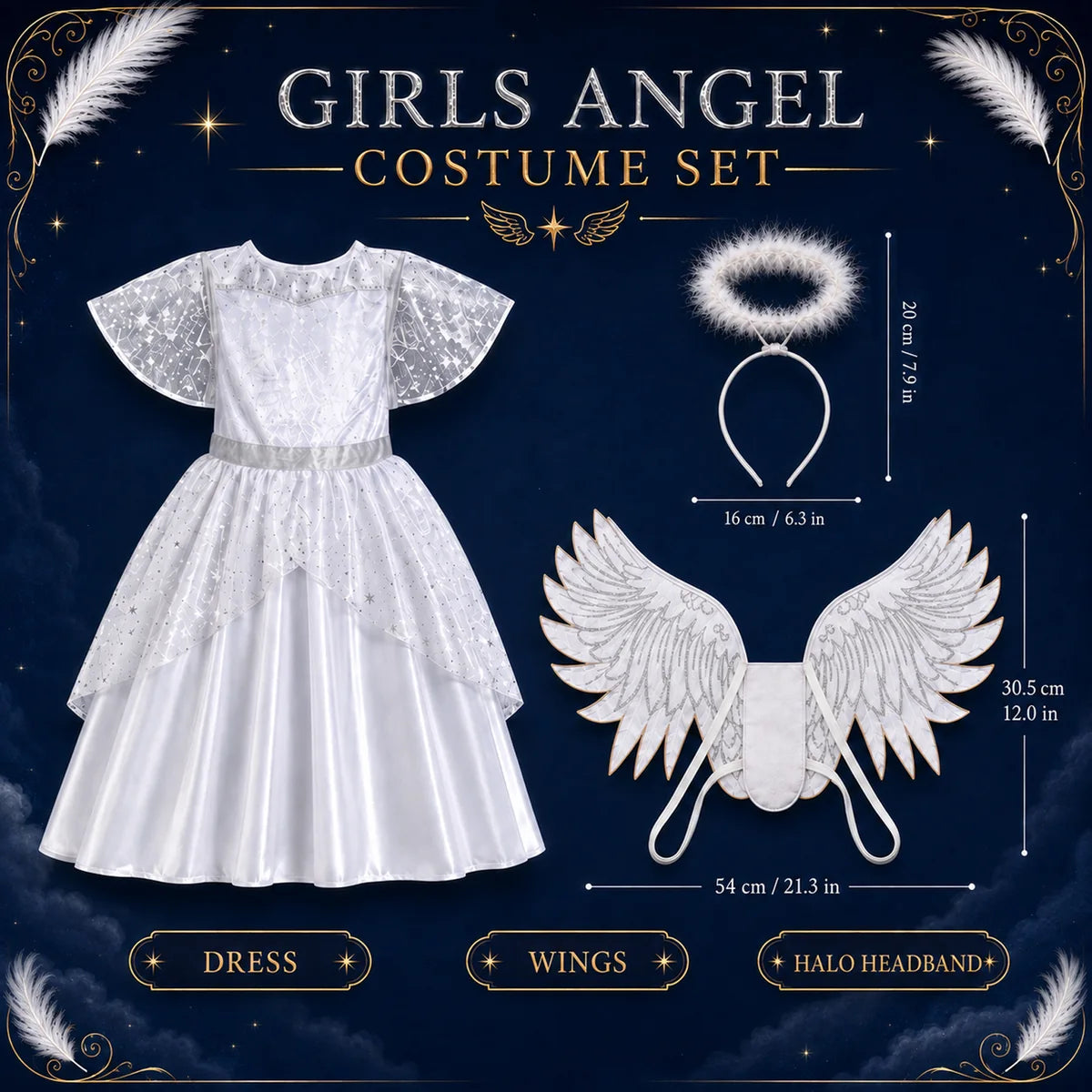 Girls angel costume components with wing and halo measurements