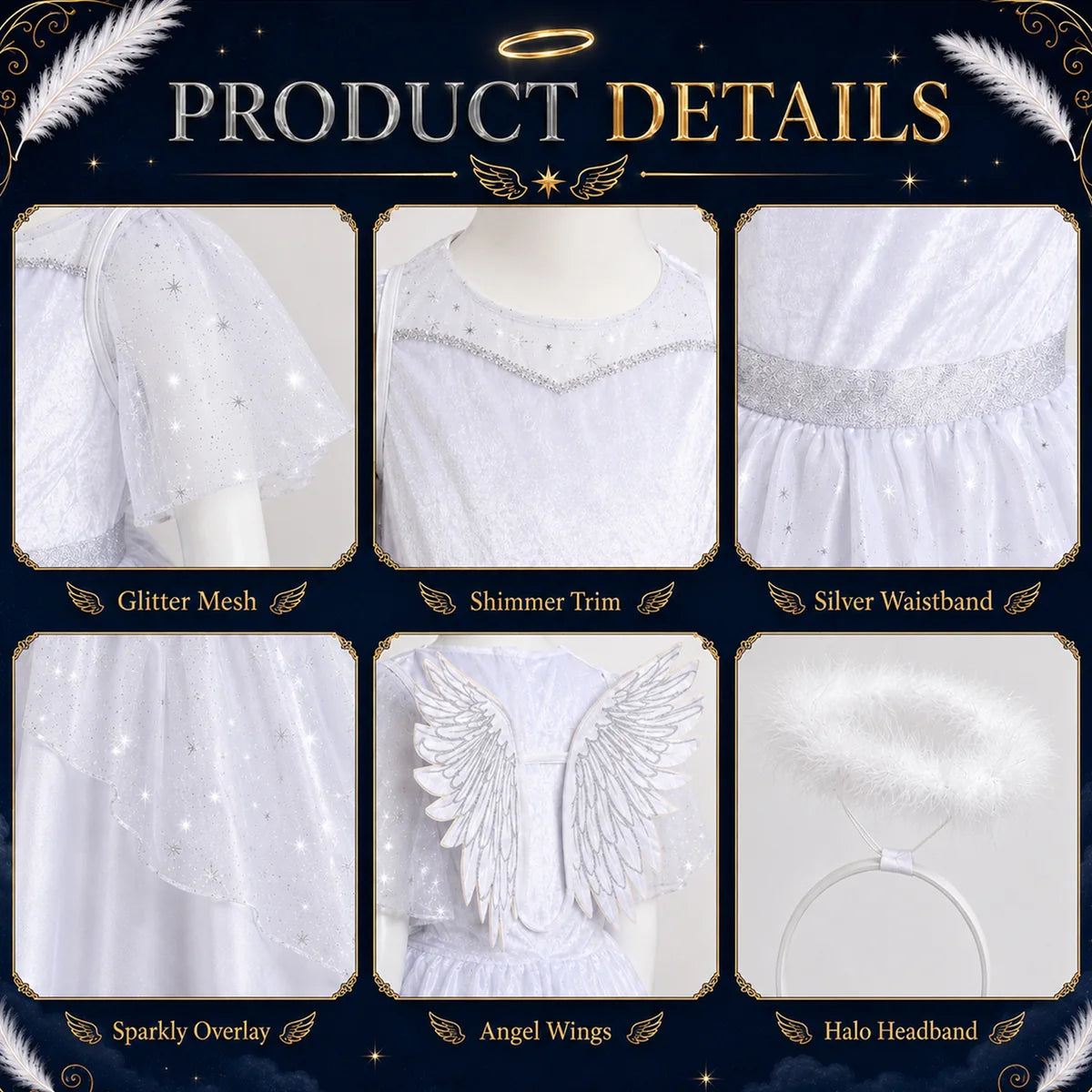 Close-up details of girls white angel costume fabric and trim