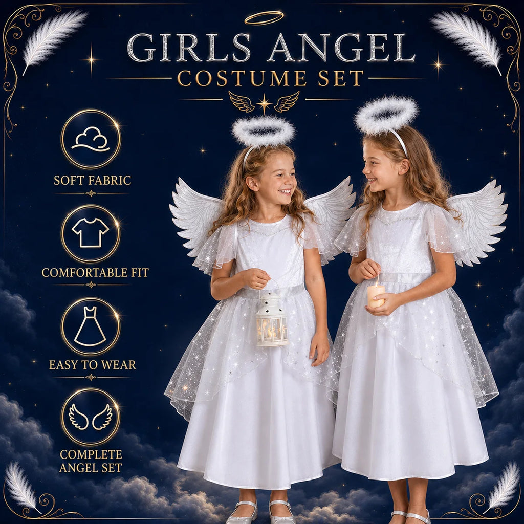 White angel costume dress wings and halo feature details