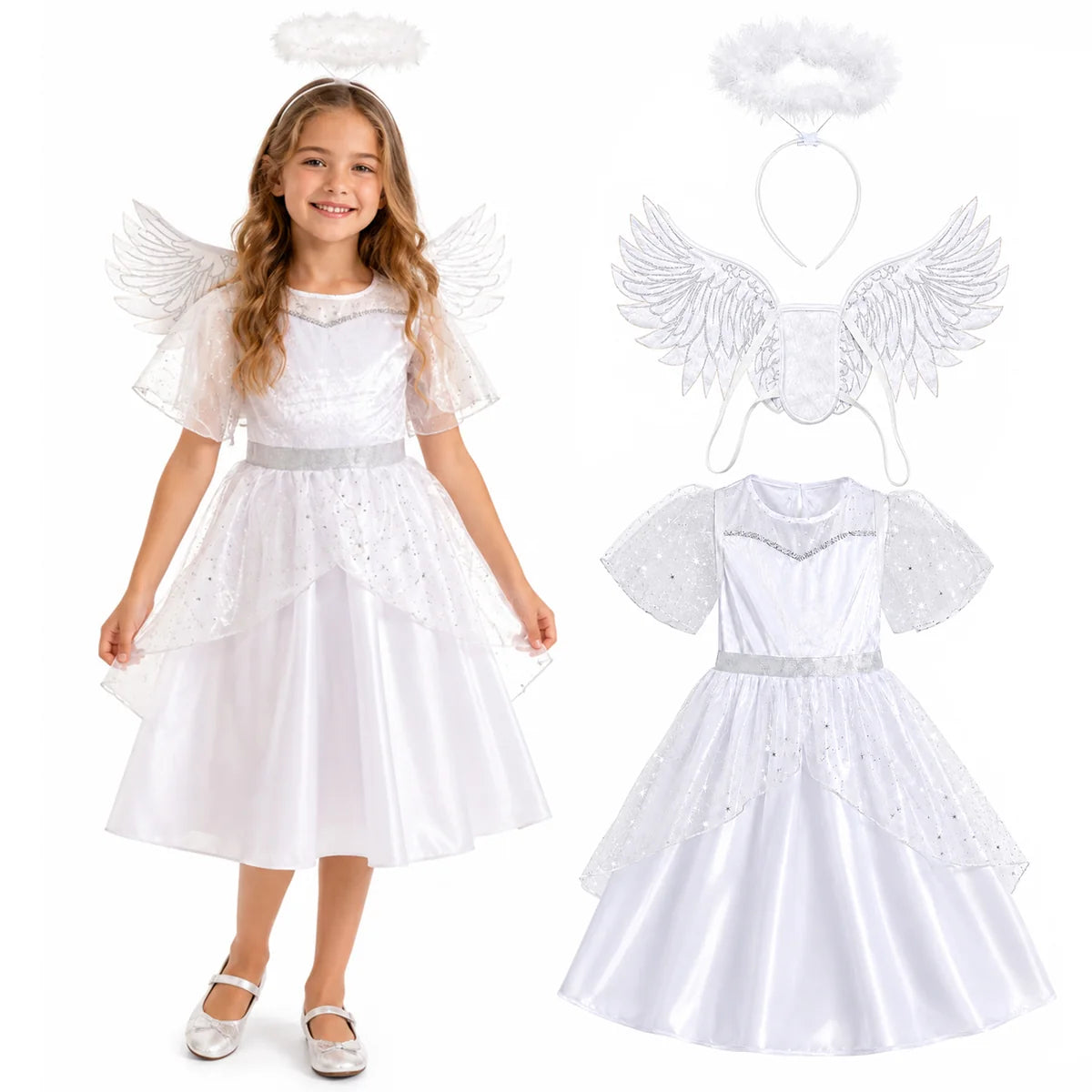 Girls white angel costume with dress, wings and halo headband