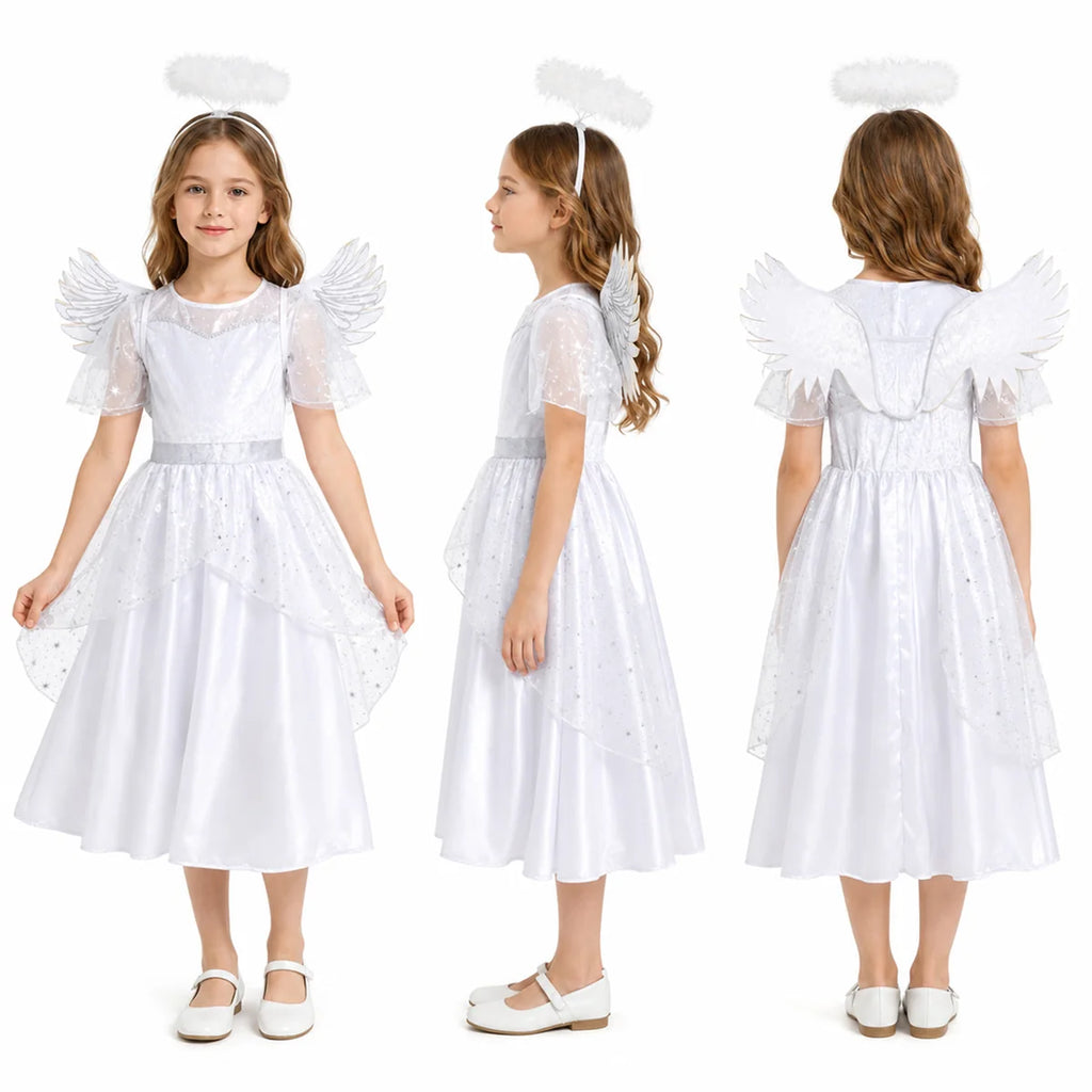White angel dress and wings shown from multiple angles