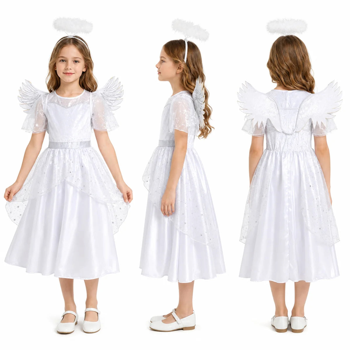 White angel dress and wings shown from multiple angles