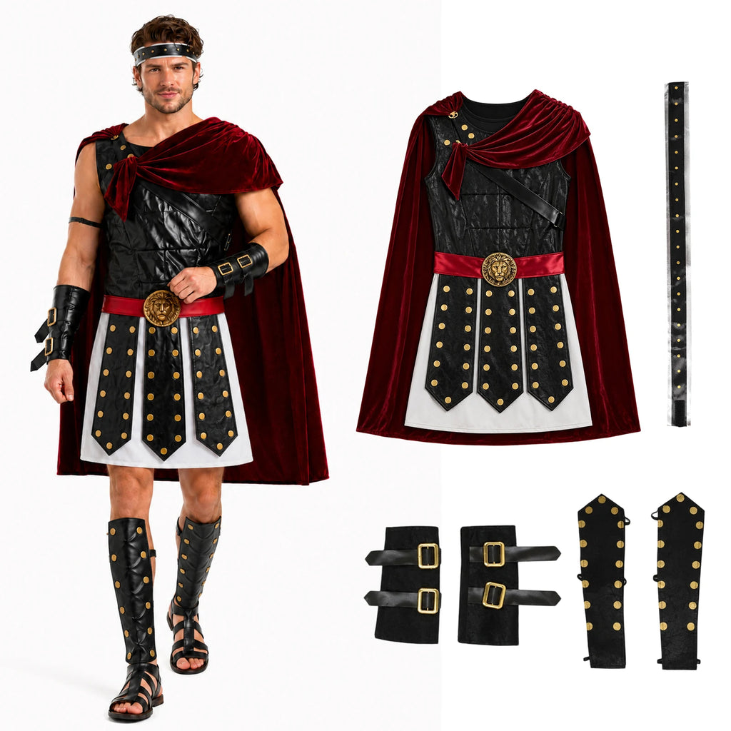 Men's Roman gladiator costume with burgundy-red cape and armor-look tunic