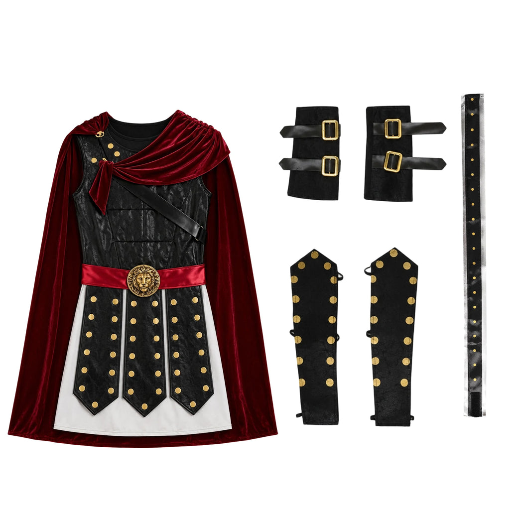 Men's red and black gladiator costume shown in an angled warrior pose