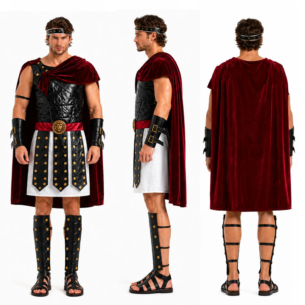 Men's gladiator outfit showing tunic, cape and leg covers