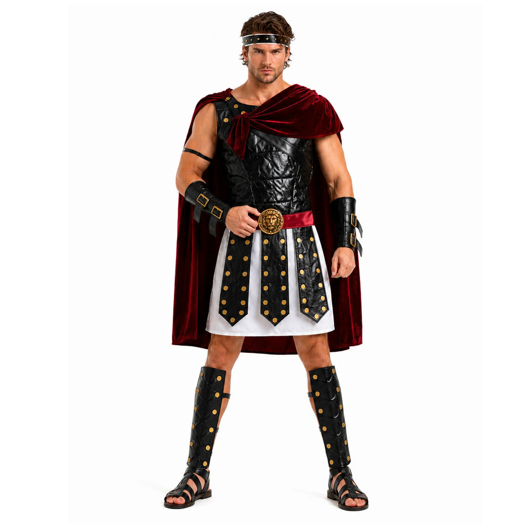 Roman warrior costume for men with cape and wrist bracers
