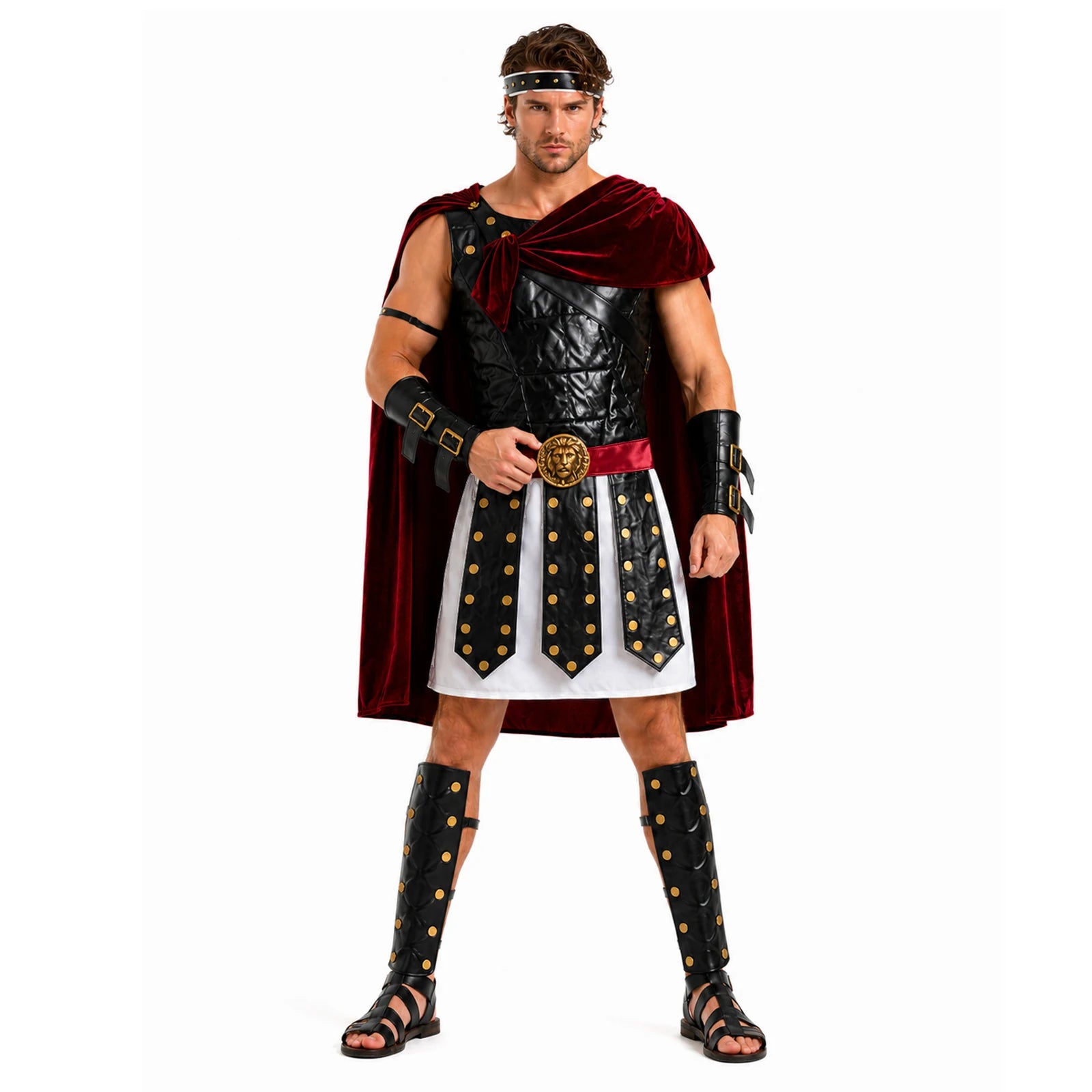 Roman warrior costume for men with cape and wrist bracers