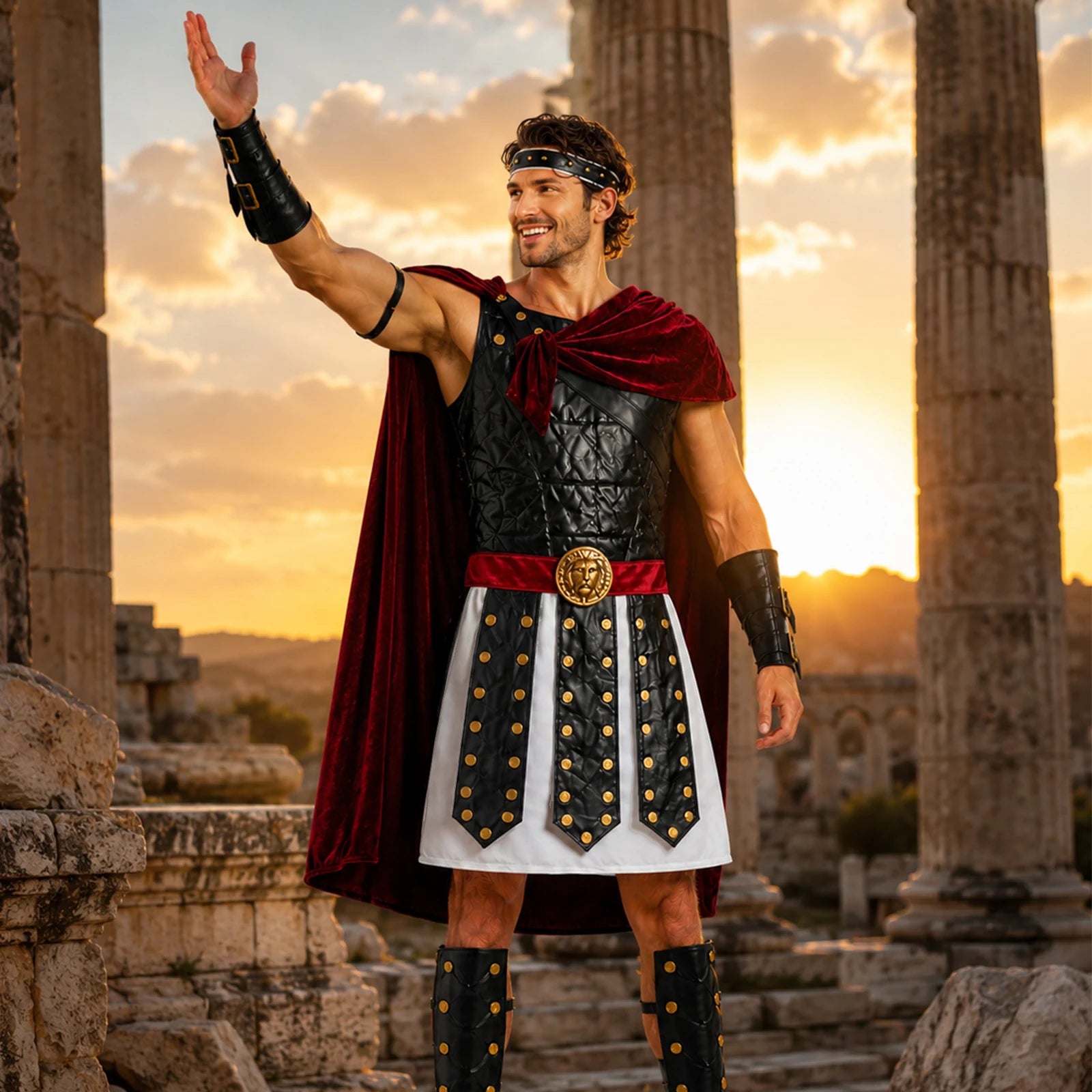 Man wearing a Roman gladiator costume in a dramatic arena scene