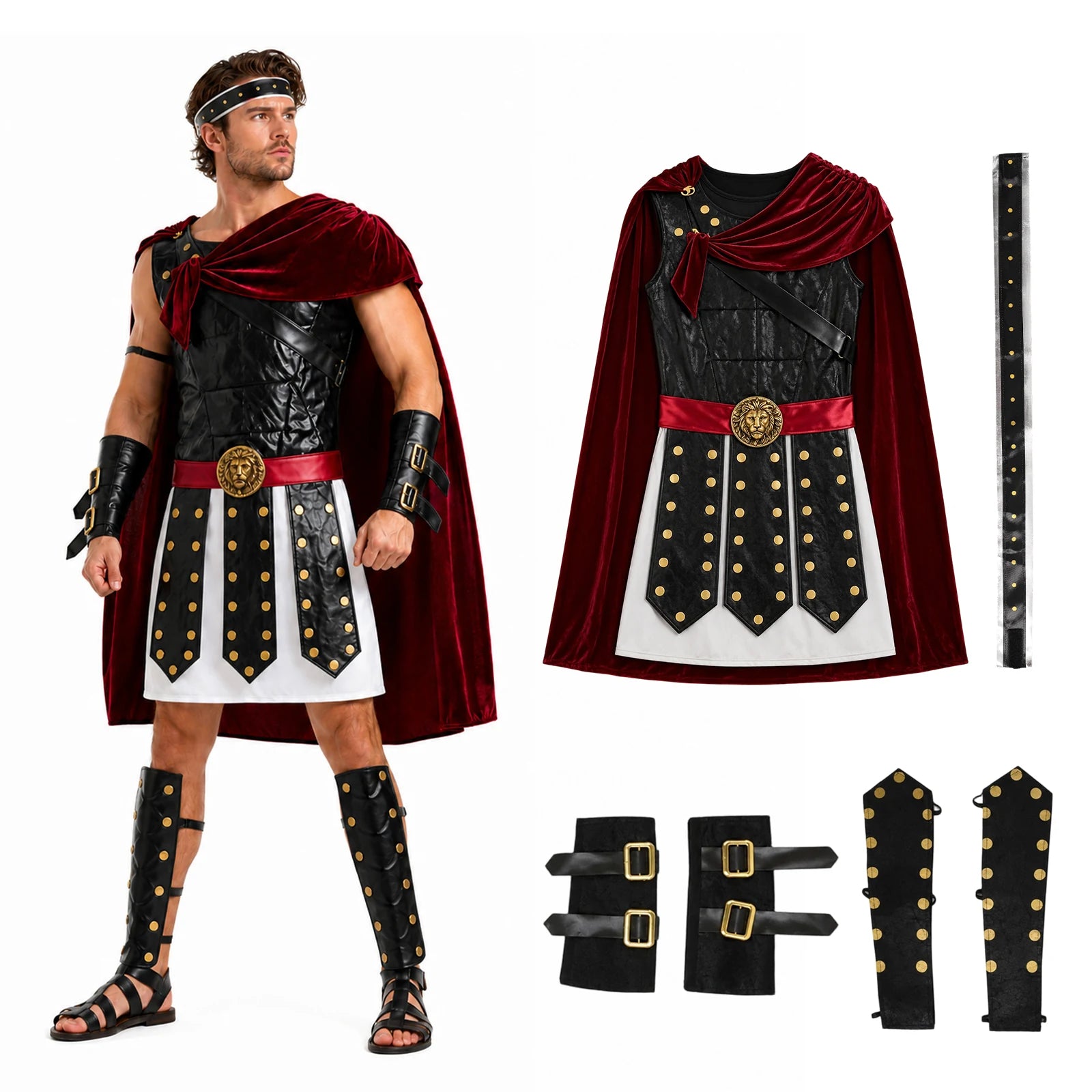 Man wearing a red and black Roman gladiator costume set