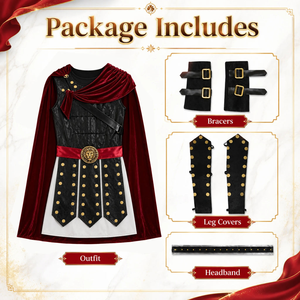 Gladiator costume set with outfit, headband, wrist bracers and leg covers