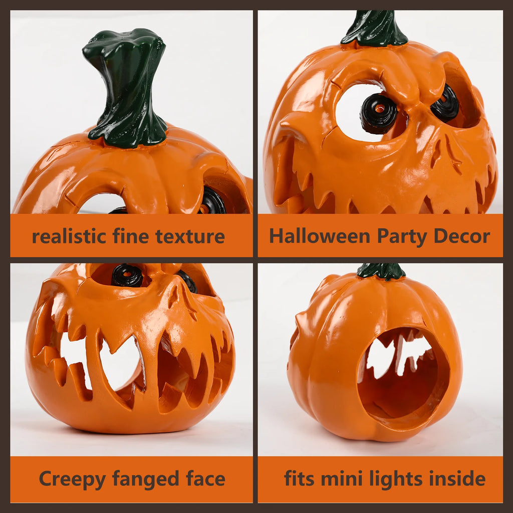 A detail panel presents glossy orange pumpkin face and eye details for the orange demon pumpkin figurine, highlighting the glossy orange finish, fanged face and open interior.