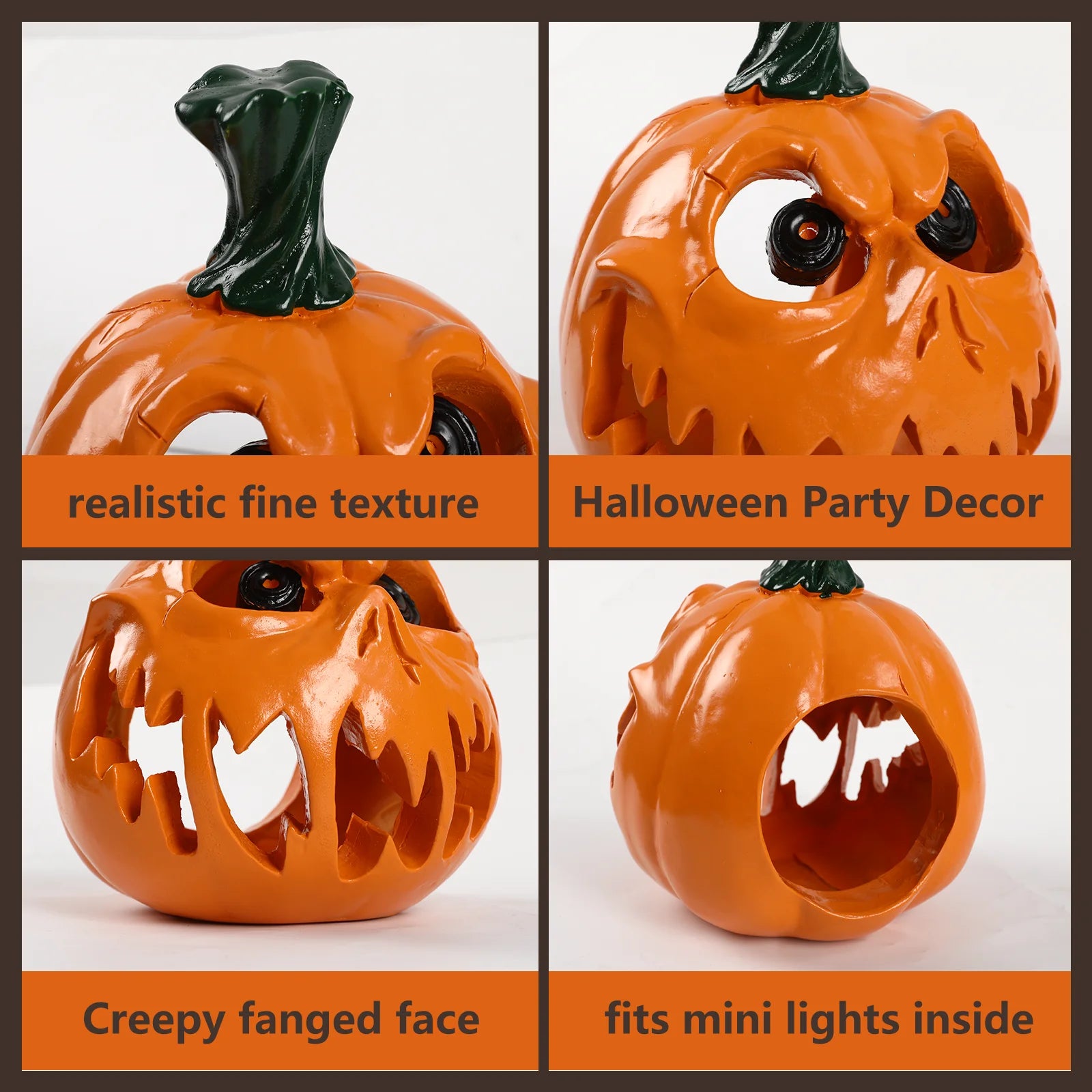 A detail panel presents glossy orange pumpkin face and eye details for the orange demon pumpkin figurine, highlighting the glossy orange finish, fanged face and open interior.