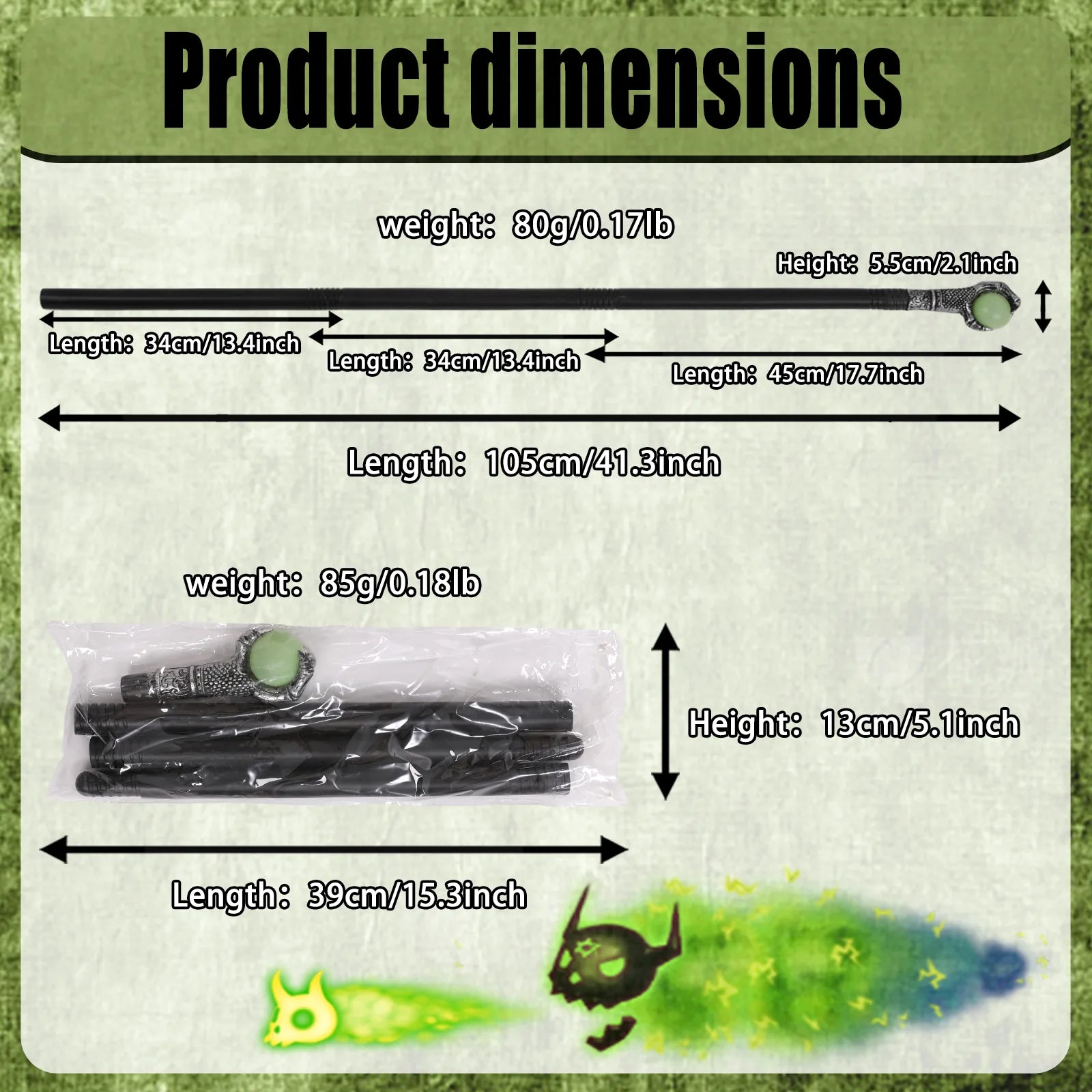 Dimension chart for the glow in the dark eagle claw wand, showing the listed product measurements and scale.