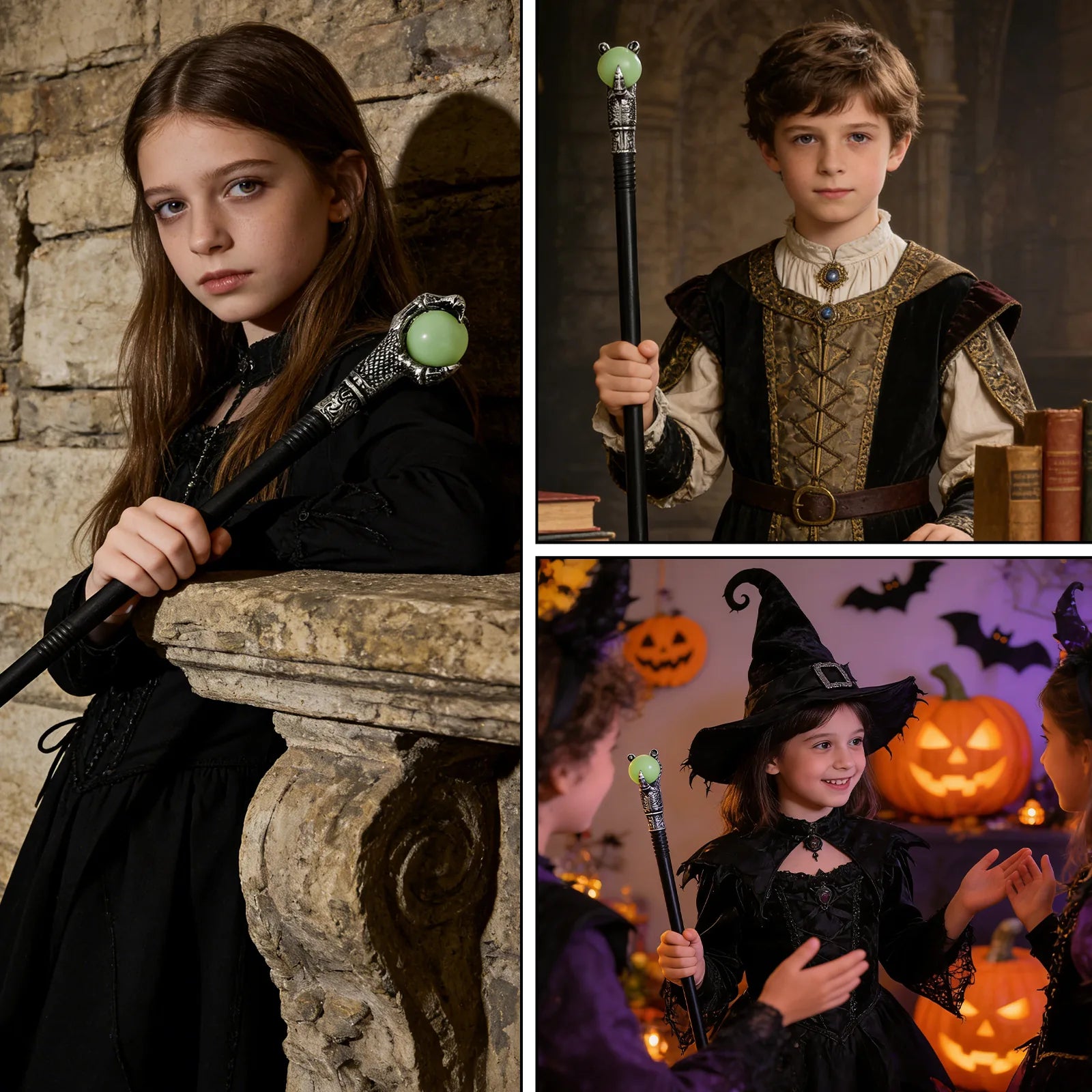 The glow in the dark eagle claw wand shown across several styled Halloween and event display scenes.