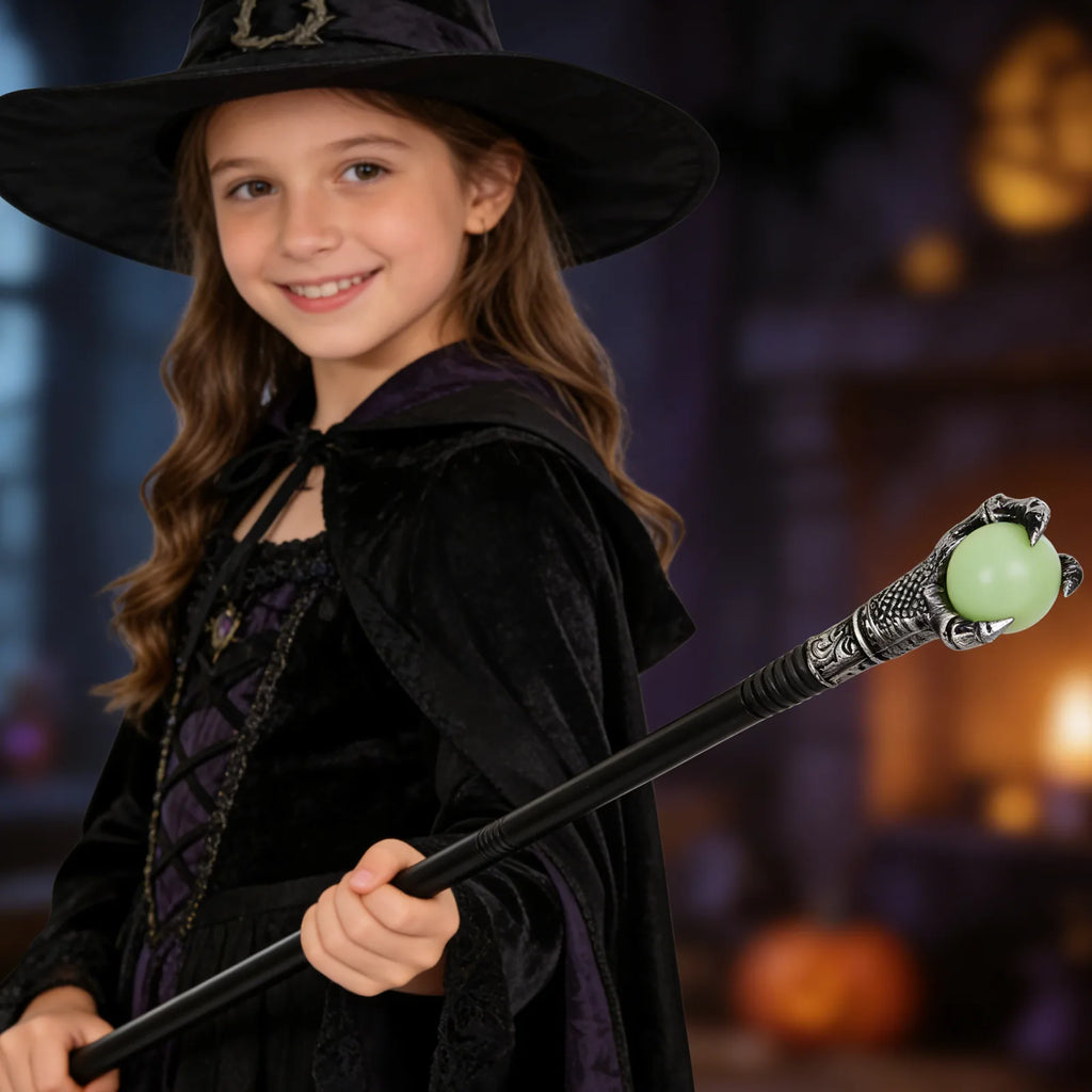 The glow in the dark eagle claw wand displayed in a styled Halloween scene for visual context.
